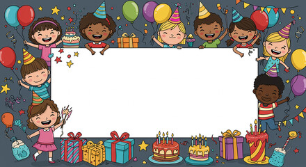 Fototapeta premium Diverse Children s Birthday Party Celebration with Blank Sign Happy Kids Balloons Cakes Gifts