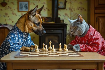 Dog and Cat Playing Chess in Kimonos