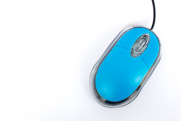Blue pc mouse on cable isolated on white background.