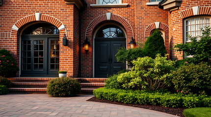 Luxury Brick House Exterior with Landscaped Garden and Walkway