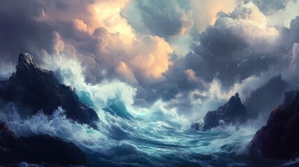 Fototapeta premium Dramatic ocean waves crashing on rocky cliffs, powerful and intense, high detail, stormy sky, cinematic and bold atmosphere