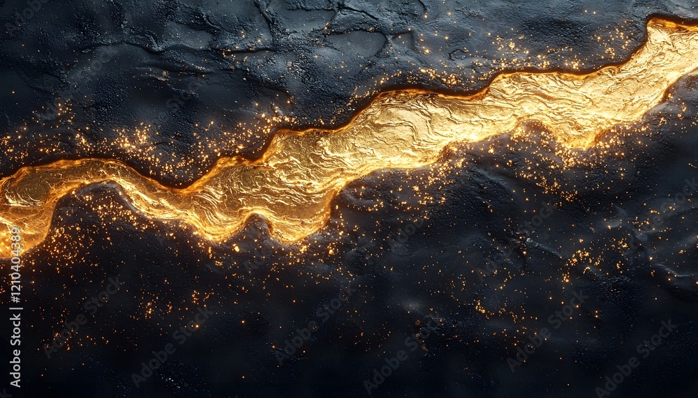 Poster Golden Stream of Light Flowing Through Dark Surface with Glimmering Particles Creating a Mystical Atmosphere and Reflective Texture Ideal for Background and Abstract Art