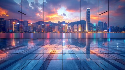 Metropolitan Marvel Cityscape Photography. Evening lighting captured in a panoramic perspective highlighting a clear foreground and glowing cityscape with energetic style.
