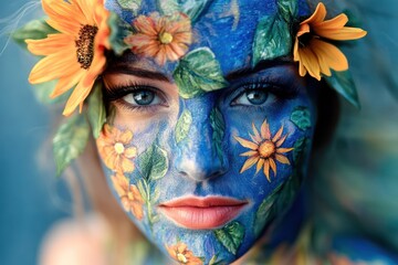 Artistic face-painting with symbolic elements of nature, using bright and earthy tones