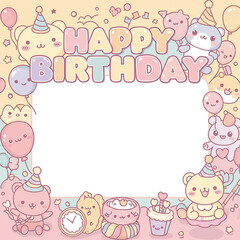 Cute Kawaii Animals Happy Birthday Party Frame Pastel Colors Illustration