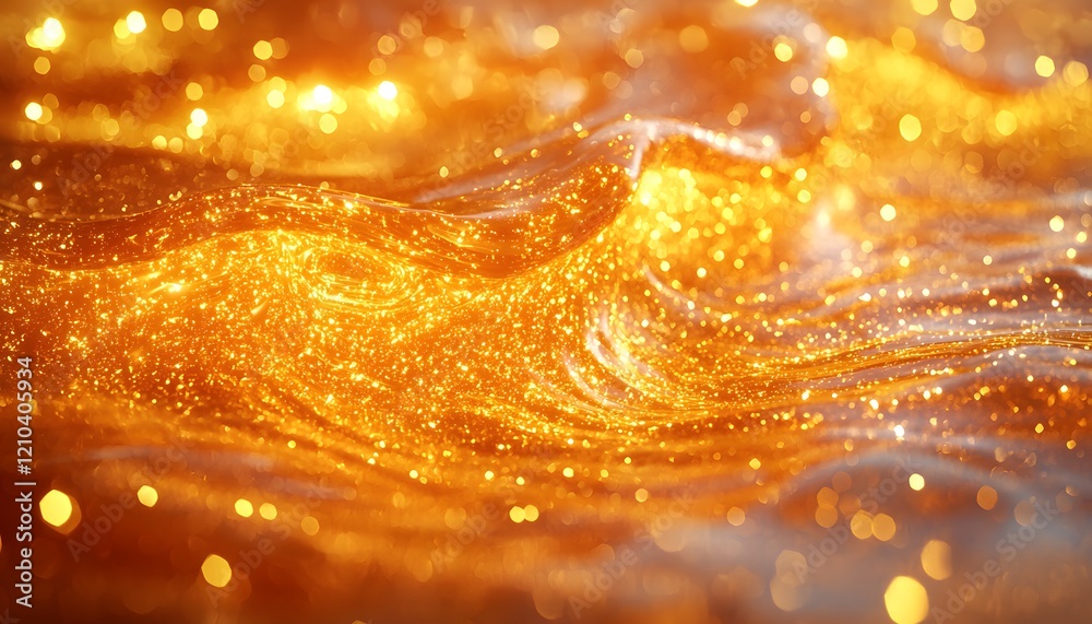 Poster Shimmering Golden Waves with Glimmering Particles Reflecting Light in an Abstract Background, Creating a Dreamlike and Enchanting Atmosphere for Imaginative Designs