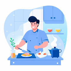 A person cooking breakfast image. Cartoon vector illustration on white background.