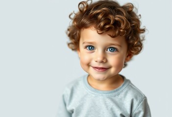 Naklejka premium Portrait of a 3-year-old boy with curly hair and bright blue eyes