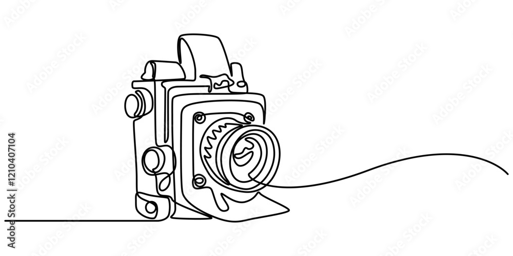 Poster Instant Camera Continuous Line Drawing with Editable Stroke and Copy Space, Digital camera continuous one line drawing. Isolated on white background vector illustration, One single line drawing of old