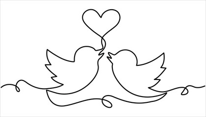 Birds continuous one line drawing. Couple of doves with heart. Symbol of love