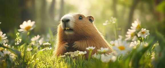 Cute Marmot in Sunny Flower Meadow Spring Wildlife Photo