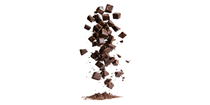 Flying chocolate chunks and crumbs isolated on transparent background