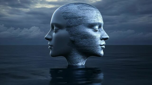 Two faces emerge from calm waters beneath a cloudy sky, reflecting harmony and introspection in a surreal landscape