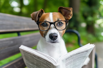 A dog wearing glasses and reading a newspaper on a park bench.