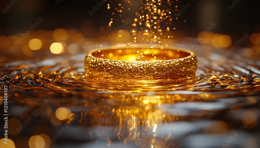 Poster golden ring splashes into water creating sparkling ripples, showcasing luxury and elegance with shim