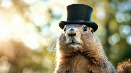 Cute Groundhog in Top Hat Outdoors Spring Image