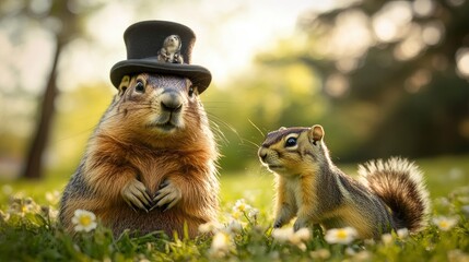 Charming Marmot in Top Hat with Chipmunk Friend