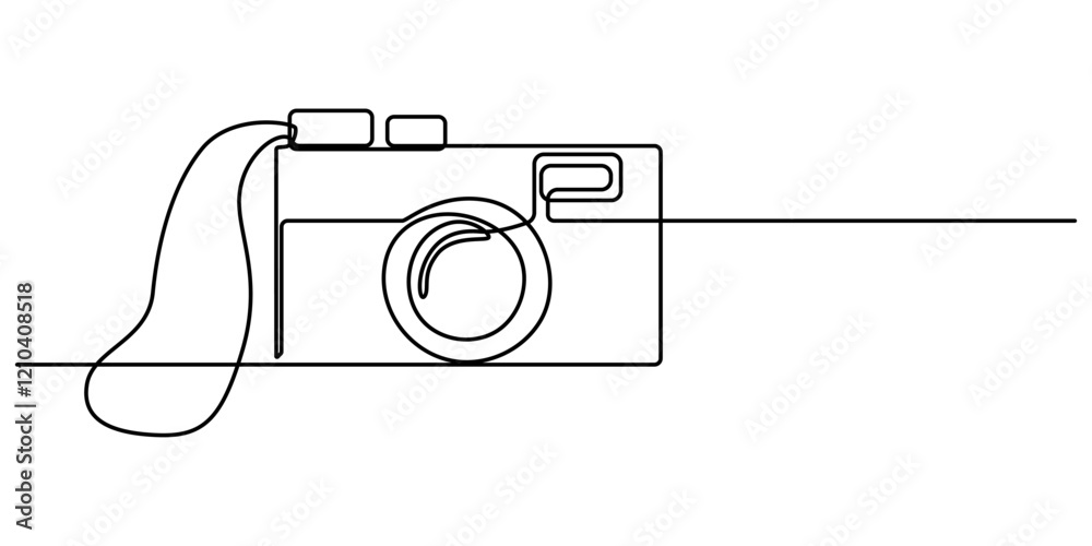 Poster Instant Camera Continuous Line Drawing with Editable Stroke and Copy Space, Digital camera continuous one line drawing. Isolated on white background vector illustration, One single line drawing of old