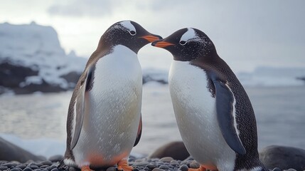 Obraz premium a mother penguin stands protectively over her small cub, sheltering it from the harsh wind and snow.