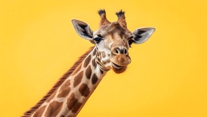 Close-up of a giraffe head on yellow background