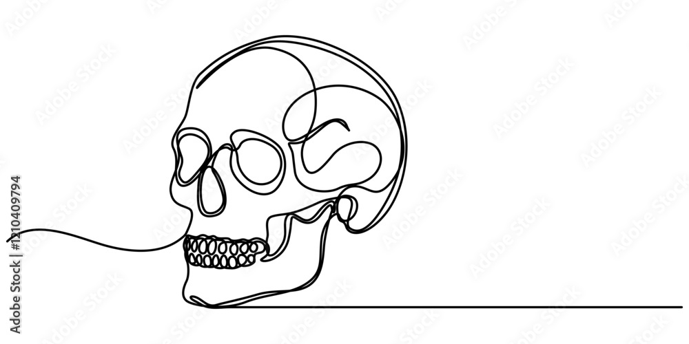Poster human scull. one line continuous halloween skull isolated on white background. line art outline vect