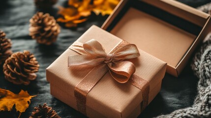 Autumn Gift Box with Pine Cones and Leaves, Cozy Fall Decor, Gift, Present, Brown, Gold, Ribbon,  Natural Elements, Close-Up