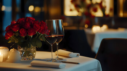 Obraz premium Elegant Candlelight Dinner Setup with Roses and Warm Romantic Lighting