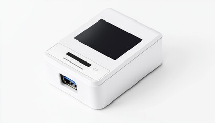 A portable business card scanner with a digital display and USB connection displayed on a solid white background, single object
