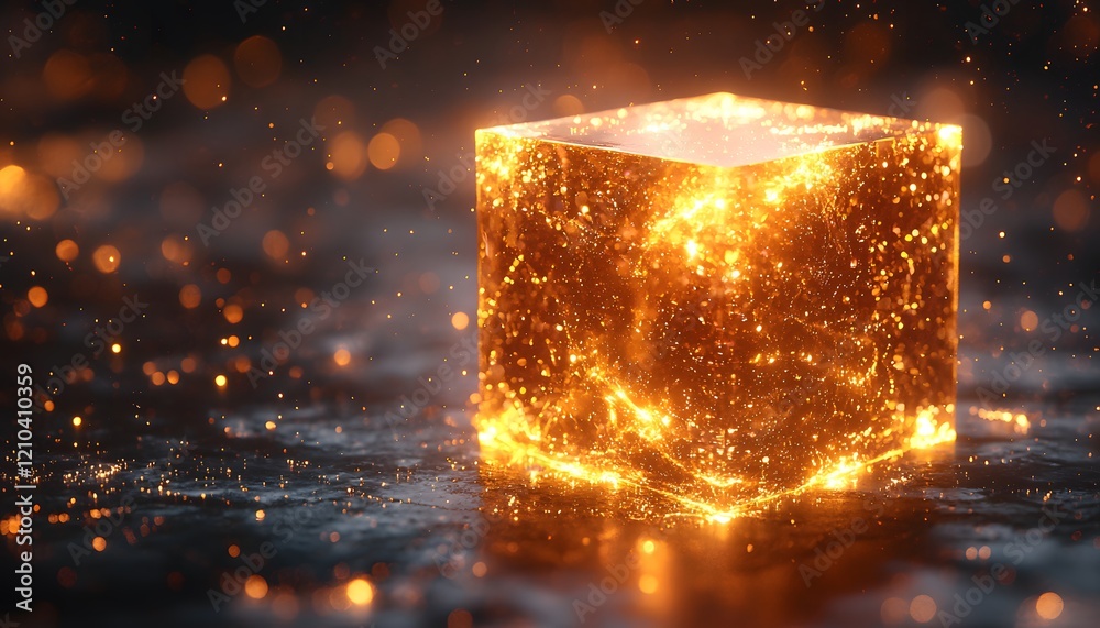 Aufkleber Sparkling golden crystal cube illuminated by soft light, creating a mesmerizing effect with glimmers and reflections against a dark, blurred background.