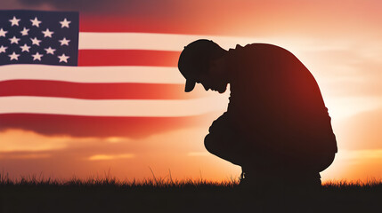 Naklejka premium A silhouette of a person kneeling with a flag in the background, symbolizing respect. Kneeling with flag.