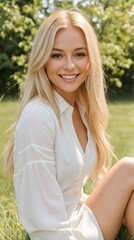 Naklejka premium Smiling Woman in a Natural Setting 