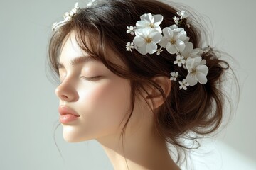 Naklejka premium A serene portrait of a woman adorned with white flowers in her hair.