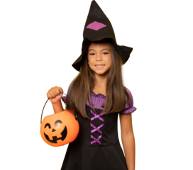 Smiling child girl wearing a witch costume holding a pumpkin isolated over transparent background. PNG transparent.