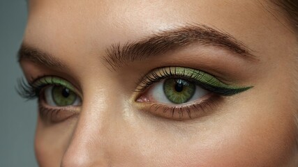 Obraz premium Close-up of striking green eyeliner and mesmerizing green eyes showcasing beauty in natural light