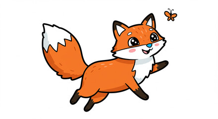 Obraz premium Adorable Cartoon Fox Leaping Happy Expression Fluffy Tail Butterfly Illustration