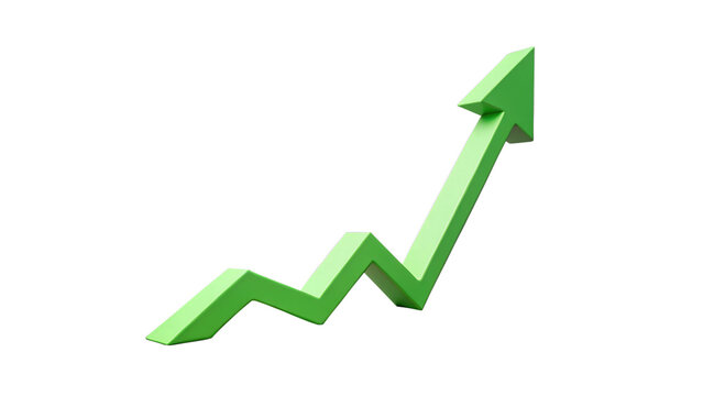 3D green arrow growing upward icon, symbolizing success and financial growth. Minimal cartoon-style design with a vibrant green arrow soaring upward, isolated on a purple background. 