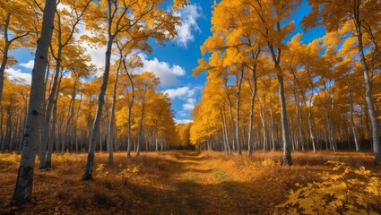 Fototapeta premium Autumn serenity in a beech forest with yellow leaves