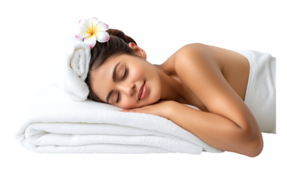 Woman lying with white towel, spa treatment isolated on a transparent background, PNG