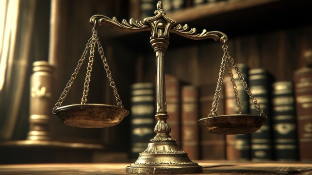 Vintage balance scale in a law library, wooden shelves filled with books, symbolizing justice and legal research, copy-space available.