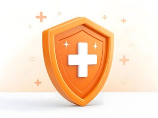 Obraz premium Yellow and white medical shield with a prominent blue cross, symbolizing healthcare protection, isolated on white background. 3D icon, sign and symbol. Side view. 3D Render Illustration 