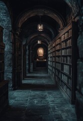 Fototapeta premium Dark Mysterious Library Hallway with Ancient Books