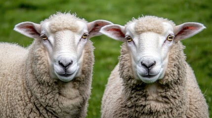 Obraz premium Two Fluffy Sheep Facing Forward in a Green Field