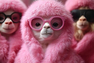 Fototapeta premium Three Alpacas Wearing Pink Fur Coats and Sunglasses