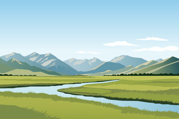 Steppe and mountains landscape vector illustration. Green steppe meadows and fields, a river and beautiful mountains. Mountain landscape and fields.