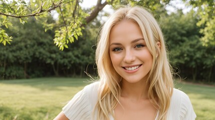 Naklejka premium Smiling Woman in a Natural Setting 