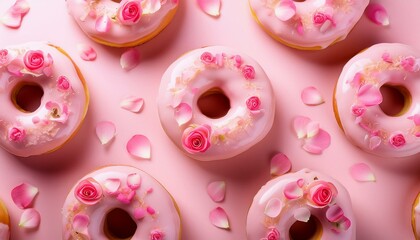 Donuts mit Erdbeer-Glasur und Rosenbl&uuml;ten &ndash; Romantisches Dessert-Design auf Rosa