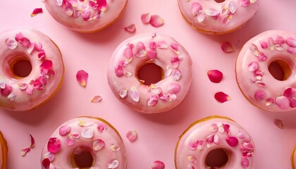 Donuts mit Erdbeer-Glasur und Rosenblüten – Romantisches Dessert-Design auf Rosa