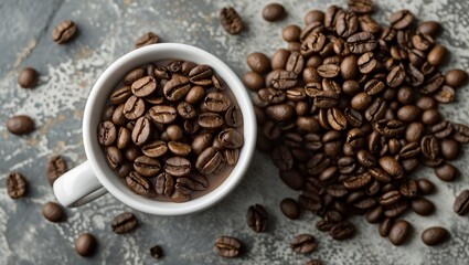 Fototapeta premium Coffee cup beside roasted beans on textured surface
