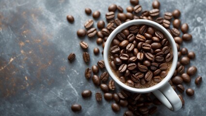 Obraz premium Coffee cup beside roasted beans on textured surface