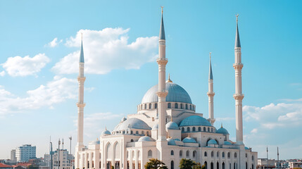 Naklejka premium Magnificent Turkish Mosque Architecture Against Clear Blue Sky with Majestic Minarets Capturing the Essence of Islamic Design : Generative AI